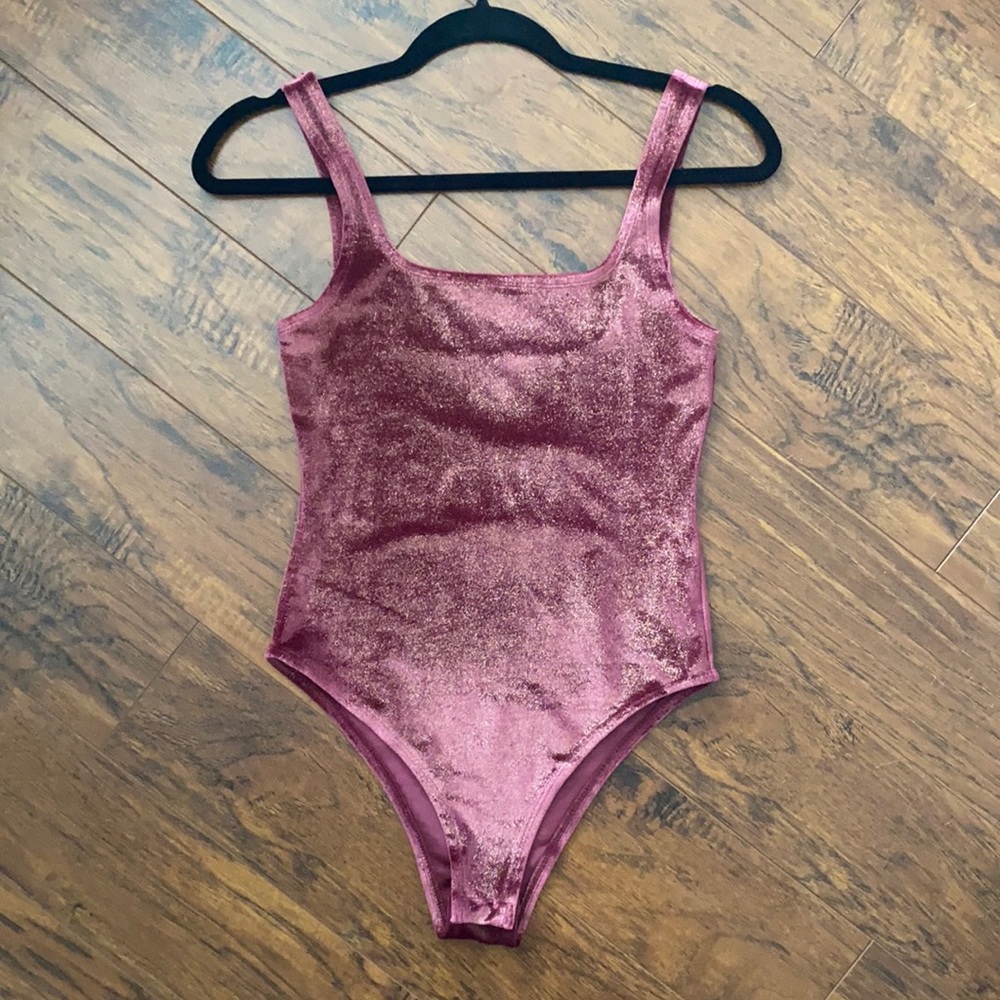 Topshop Velvet-feel wine&gold sparkle bodysuit
